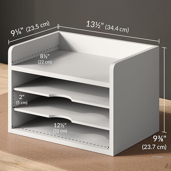 Ballucci File Organizer, 4-Tier Office Desk Organizer, Open Top Wood Paper Organizer for Classroom, Desktop Mail Sorter Paper Tray, White