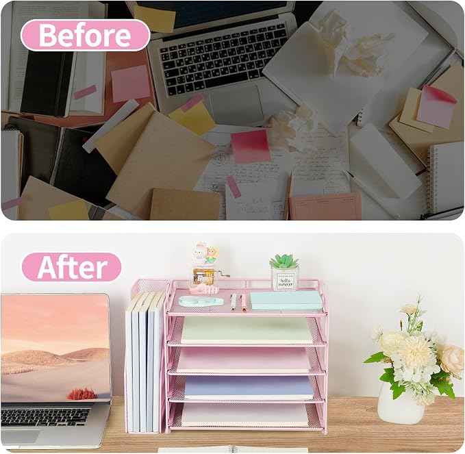 AUPSEN Pink Desk Organizers and Accessories, 5-Tier Desktop Paper File Organizer with Removable File Holder, Desk Accessories & Workspace Organization for Home Office Supplies (Pink)