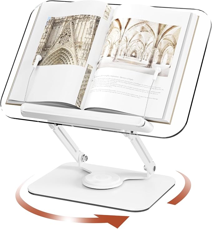 BYMECOST Acrylic Book Stand for Reading, Adjustable Book Holder with 360° Rotating Base & Elastic Page Clips, Foldable Desktop Riser Stand for Cookbook,Laptop,Tablet,Music Scores,Recipe,Textbook