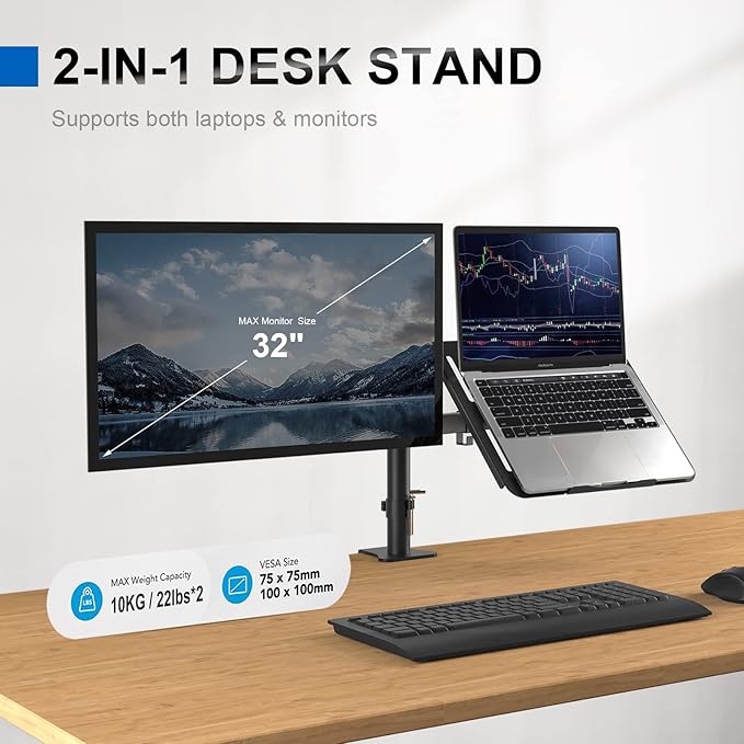 GRIFEMA Monitor Arm with Laptop Tray for 13-32" Screen, Laptop Monitor Stand with Desk Clamp, Height Adjustable Laptop Arm, Tilt Rotation Swivel, VESA: 75x75 & 100x100mm GB2002-2
