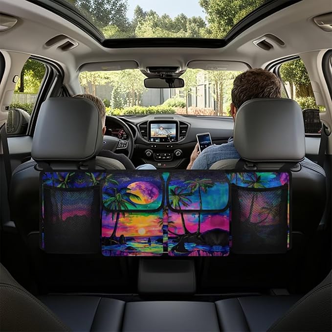 Sunset Car Trunk Organizers,Coconut Tree Colorful Design Backseat Hanging Organizer with 4 Large Storage Bag,Bag with Lids,Road Trip Adjustable Strap Machine Washable