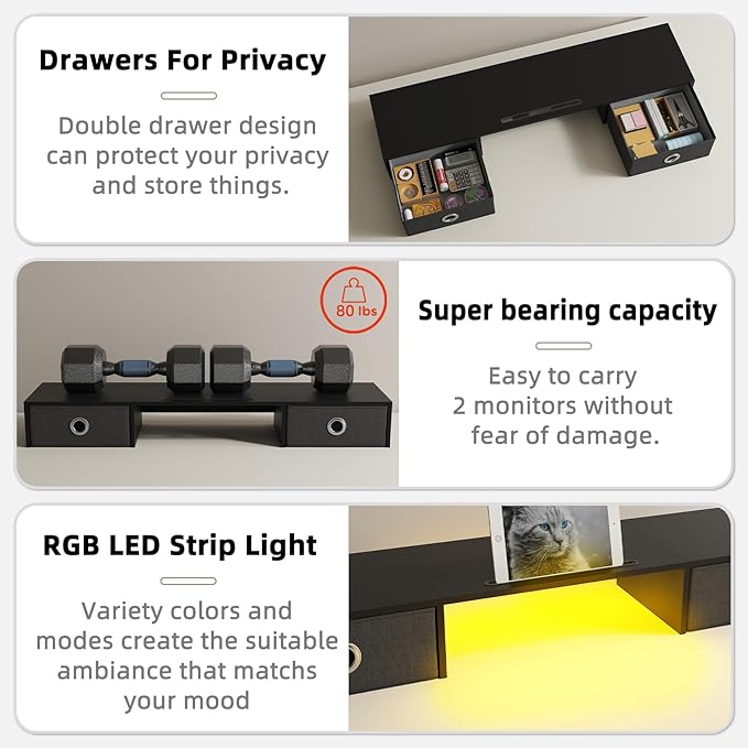 YAOHUOO Dual Monitor Stand with LED Light 2 Drawers, Computer Monitor Riser for 2 Monitors, Large Desktop Organzier with Storage for PC/Laptop/Computer/TV Screen/Printer