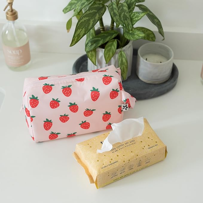 Tiny Twinkle Waterproof Travel Toiletry & Makeup Bag Organizer | Makeup Pouch with Multiple Compartments & Snap Handle for Travel | Gift for Teen Girls and Women (Strawberries)
