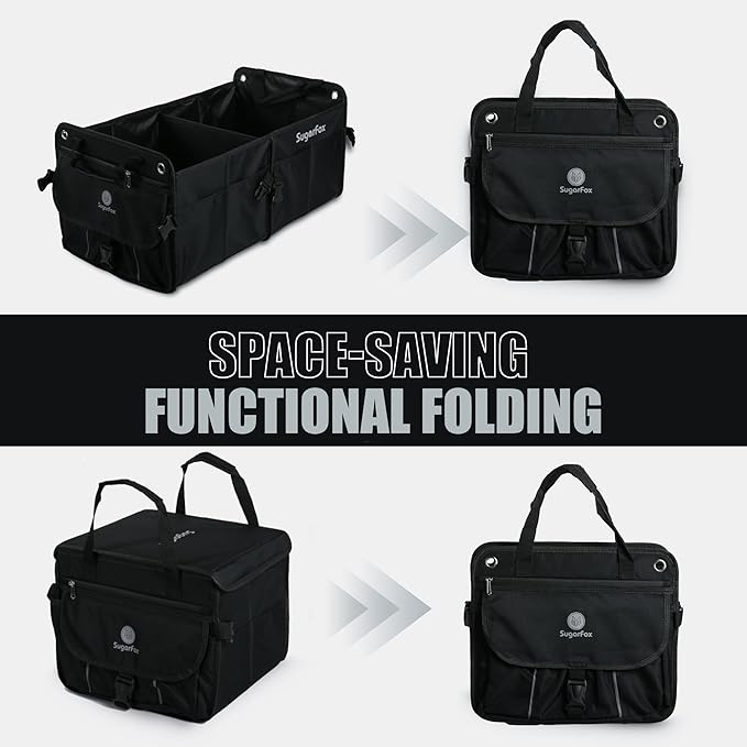 SugarFox Car Trunk Organizer for SUV - 63L+26L Modular Storage, Heavy-Duty, Foldable Waterproof, Soft & Hard Covers, Non-Slip, Multi-Compartment, All Black M006