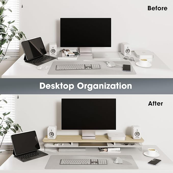 Fenge Acrylic Monitor Stand, 42.5 Inch Clear Dual Monitor Riser with Metal Storage, 2 Tier Computer Riser with LED Lights for Desk, Laptop, Printer, TV