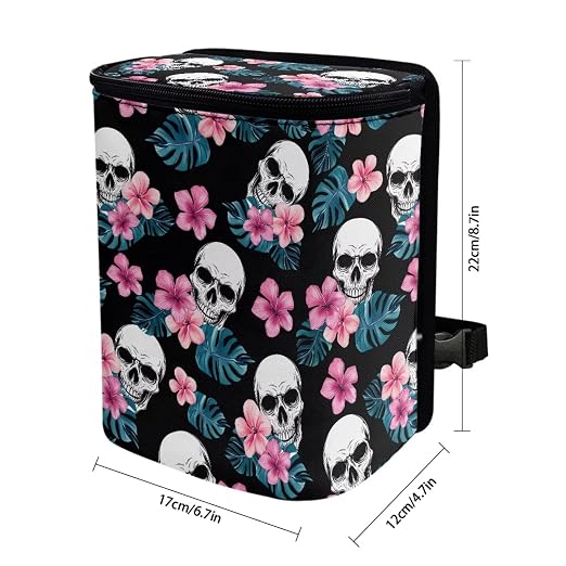 Biyejit Skull Hibiscus Leak Proof Car Trash Can with Lid - Waterproof Automotive Garbage Bin for SUVs, Collapsible and Portable Car Trash Bag