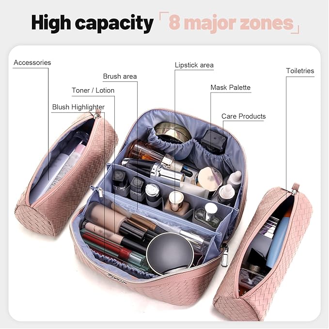 BOYATU Travel Makeup Bag Cosmetic Bags for Women: Large Capacity 3 Pcs Set Make up Bag with Compartments - Waterproof Vegan Leather Toiletry Organizer Bags with Handle (L04 Light Pink)