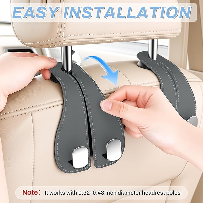 SINGARO 2PCS Car Purse Holder Hook, Seat Back Storage Hook, Leather-Wrapped Alloy Double Headrest Hook for Purses & Bags, Cute Car Interior Accessories for Women and Men, Gray