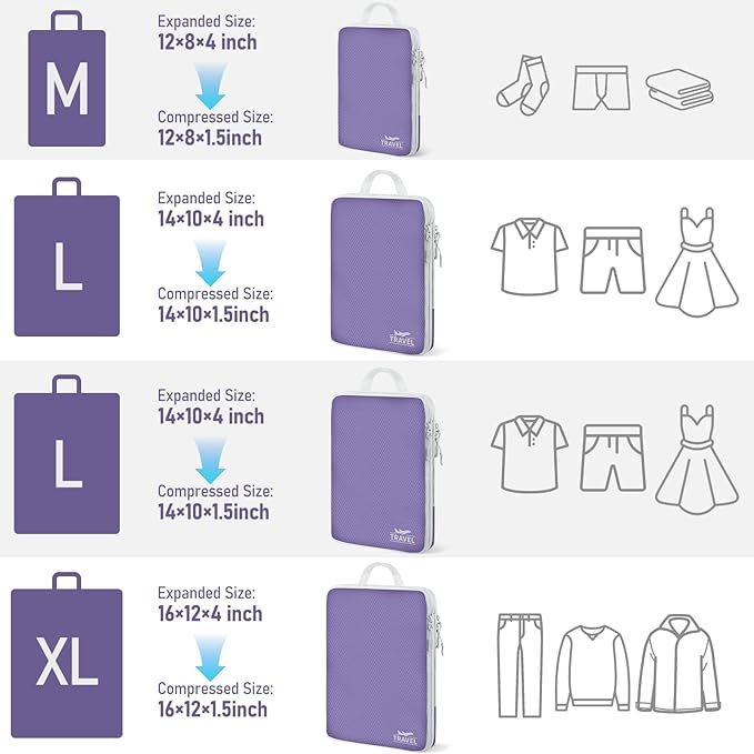 4 Set Compression Packing Cubes, Suitcase Organizer, Lightweight Travel Essentials, Compression Bags For Travel Accessories Luggage Storage Set (4 Pcs, Purple)