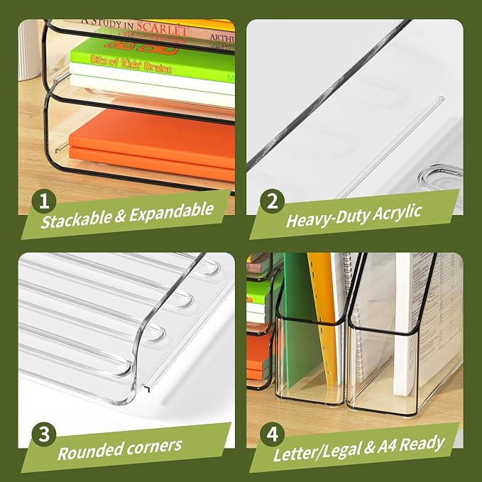 FANXIYQ 4-Tier Acrylic Paper Tray Organizer with Bookends, Large Clear Stackable Letter Tray Organizer for Desk, Acrylic File Organizer & Office Paper Storage, 12.6" Wide Desktop Organizer