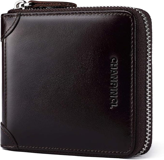 Mens Genuine Leather Zipper Wallet RFID Secure Large Capacity Double Fold Multi-card Leather Wallets for Men and coin purse