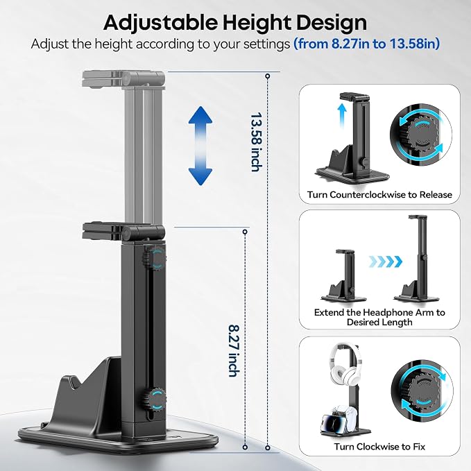 Height Adjustable Dual Headphone Stand, 360° Rotatable Gaming Headset Holder with Controller & Phone Stand, All-in-One Desk Organizer for PS5/Xbox/Switch Controllers/iPad, Desktop Game Accessories