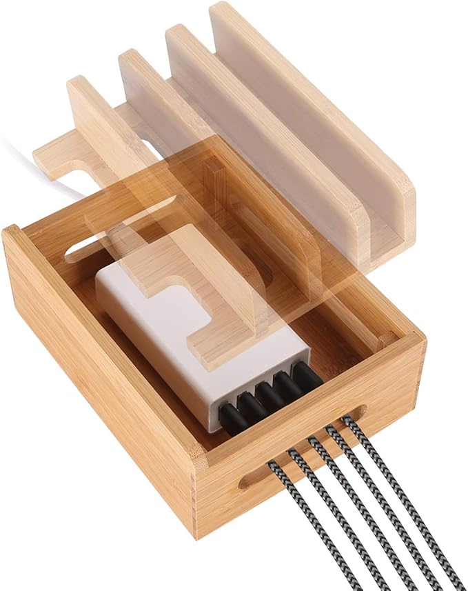 Bamboo Wood Multi-Device Desktop Dock Station Charger Holder Charging Cradle Charge Stand Compatible for iPhone 16 15 14 13 12 11 Pro Max XS XR X iPad 3 4 Mini Pro Air Samsung Huawei Smartphones