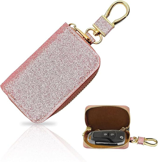 Bling Car Key Case, Leather Keyring Zipper Bag with Metal Hook, Remote Key Fob Cover, Auto Keychain Holder (Rose Gold)