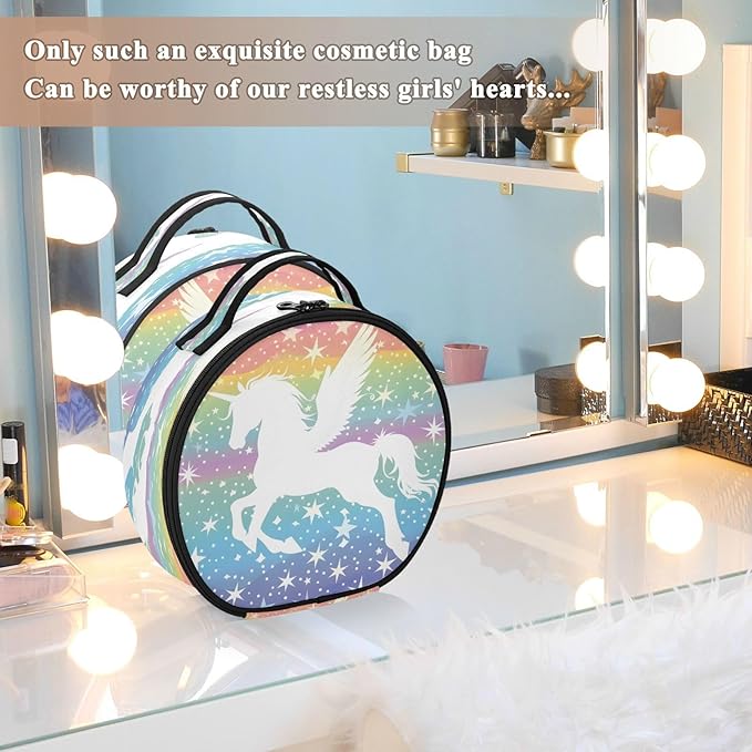 senya Round Cosmetic Pouch Travel Makeup Train Case Winged Unicorn Stars Makeup Organizer Bag with Adjustable Dividers Portable for Cosmetics Makeup Brushes Toiletry Jewelry Accessories
