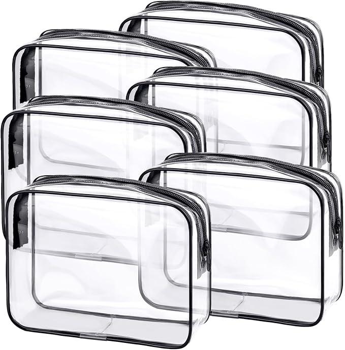 6 Pieces Clear Makeup Bags Bulk TSA Approved Toiletry Bag for Travel PVC Waterproof Clear Cosmetic Pouch with Zipper for Men and Women Carry-on Travel Essentials (Black)