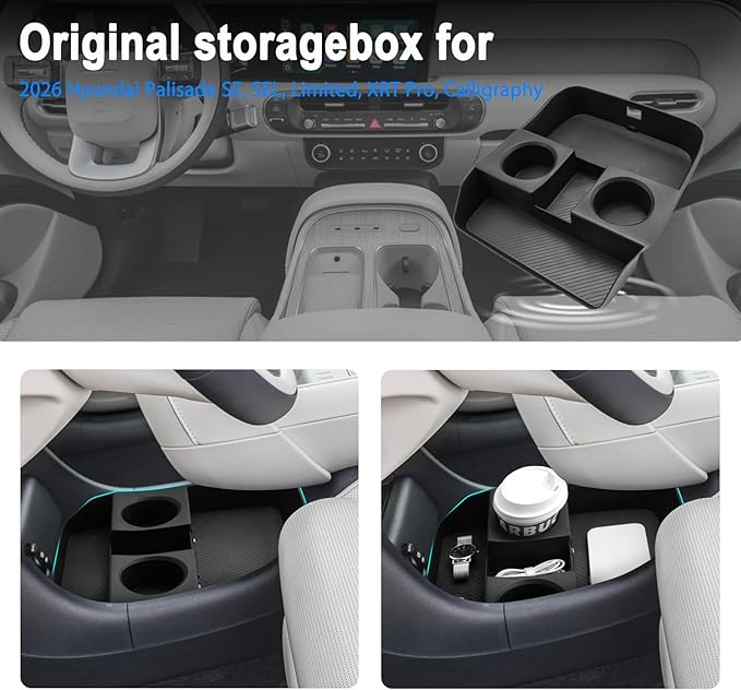 SHAOHAO for 2026 Hyundai Palisade Lower Organizer for 2026 Hyundai Palisade Accessories Under Console Organizer Tray, 2026 Palisade LX3 Buttom Insert Stoage Box with Cup Holder (Only for 7-Seat)