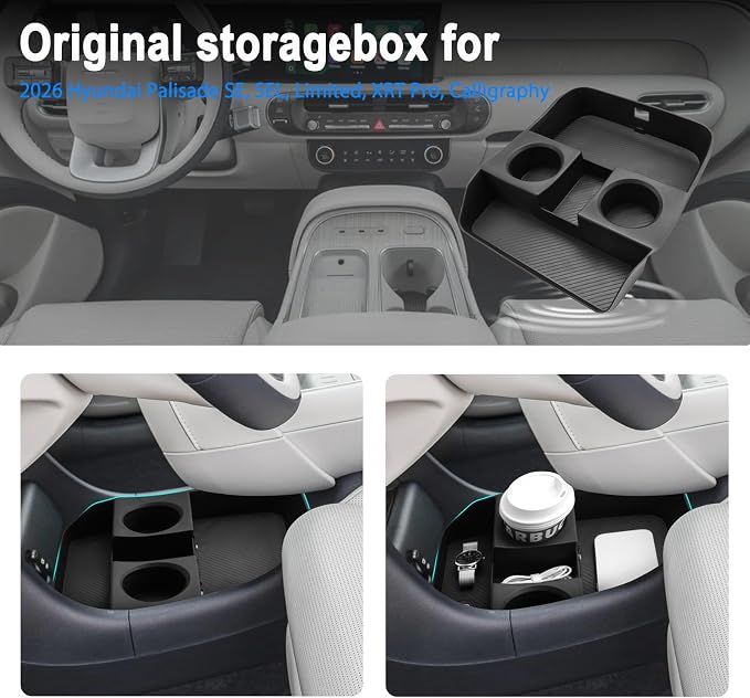 SHAOHAO 3 Pcs for 2026 Hyundai Palisade Center Console Organizer & Lower Organizer for 2026 Hyundai Palisade Calligraphy Accessories Console Tray Pliasade Hybrid Armrest Storage Box (Only for 7-Seat)