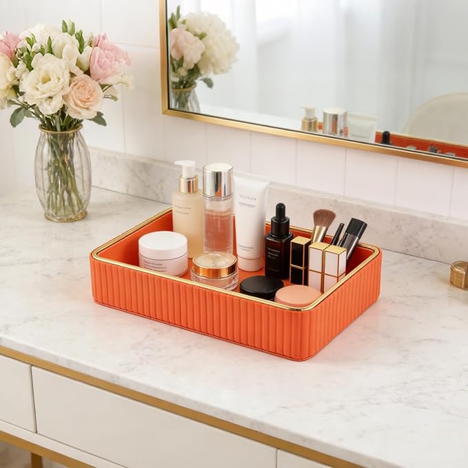 PU Leather Valet Tray,Desk Organizer Tray Nightstand Organizer Trinket Dish Storage Key Bowl Decorative Trays for Phone Wallet Jewelry Watch Bathroom Bedroom Perfume Vanity Trays,Orange