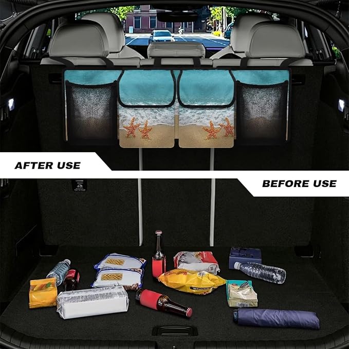 Sea Starfish Trunk Organizer and Storage, Backseat Hanging Organizer for SUV, Truck, MPV, Waterproof, Collapsible Cargo Storage Bag with 4 Pockets