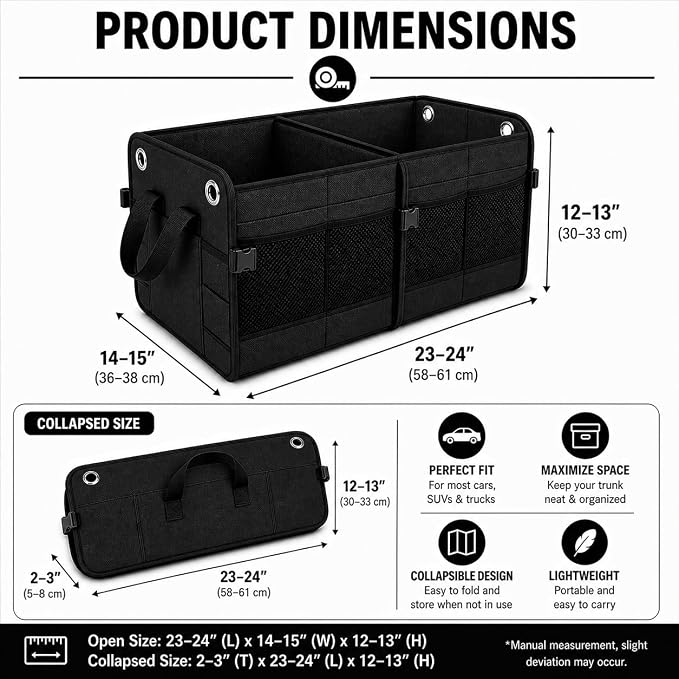 Car Trunk Organizer – Foldable Storage with 3 Compartments, Heavy Duty, Collapsible Cargo Organizer for SUV, Truck & Car (Black)