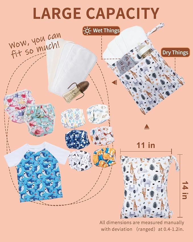 babygoal Animal Wet Dry Bags 3 Pack, Waterproof Travel Bags for Swimsuits, Beach, Pool, Gym,Food Storage and Wet Clothes(Giraffe,Cactus),3LN39-B