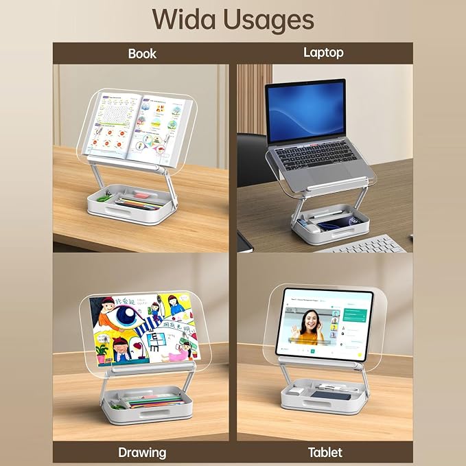 Bisofice Desktop Book Stand for Reading with Rotate Base Acylic Panel Page Clips Storage Compartments Foldable and Angle Adjustable for Laptop Holder Book Magazine Document Tablet (White)