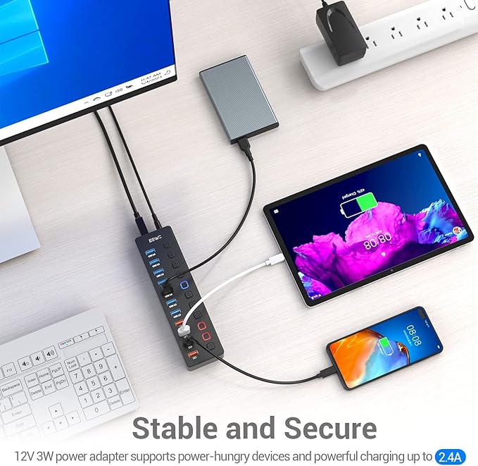 JESWO 11-Port USB 3.0 Splitter (7 Data Transfer Ports + 4 Smart Charging Ports), Powered USB Hub with Individual LED On/Off Switches and 12V/3A Power Adapter