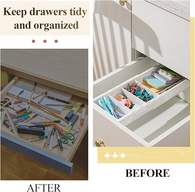 6 Pcs Expandable Drawer Organizer Bins Adjustable Deep Drawer Hanging Organizer Tray Expandable 11.4 to 18.1 Inches Plastic Dividers Storage for Office Bathroom Bedroom Kitchen Desk, White