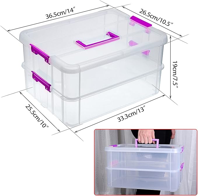 JUXYES 2-Tiers Stack Carry Storage Box With Handle, Transparent Stackable Storage Bin With Handle Lid Latching Storage Container for School & Office Supplies