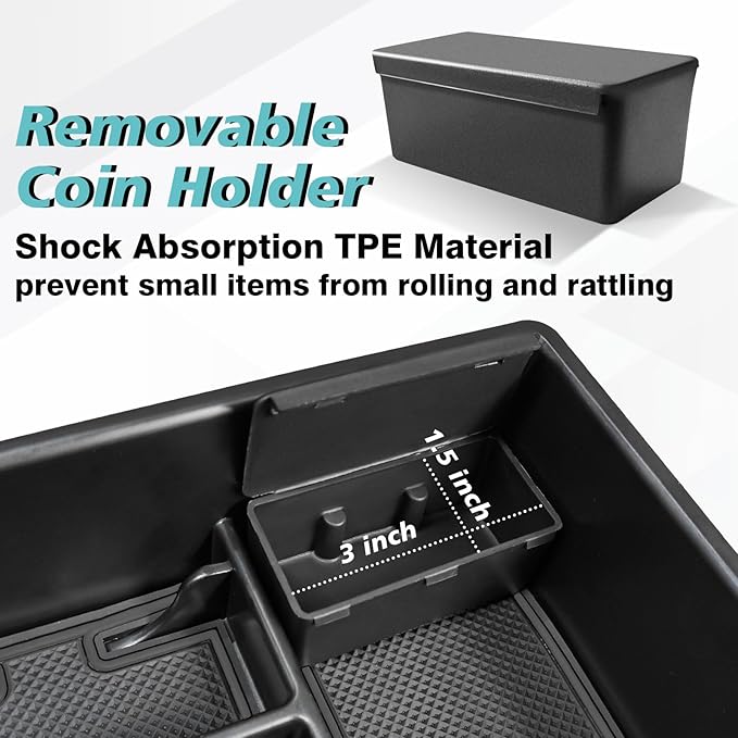 BestEvMod Center Console Organizer Tray Compatible with Chevy Blazer EV 2026 2025 2024 2023 Interior Accessories Armrest Storage Box ABS Material with PVC Trim & Removable Coin Holder (Black)