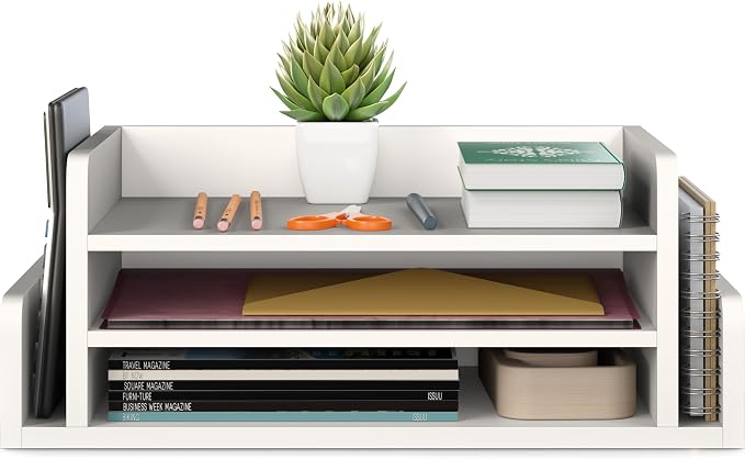 Ballucci 3-Tier Desk Organizer with 2 Side Mail Sorter Slots, Wood Letter Tray, Open Top Paper Organizer, Desktop File Organizer, White