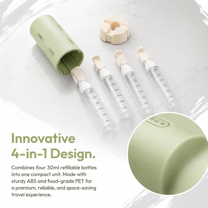 4 in 1 Travel Dispenser Bottle Set, Leak-Proof, Lightweight, Refillable Squeeze Bottles for Travel Toiletries (Green)