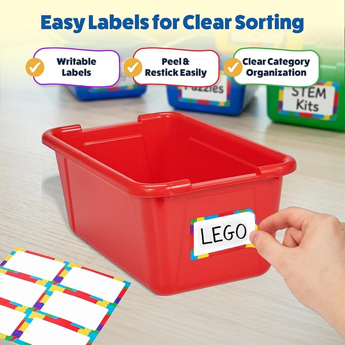 GAMENOTE 6 Quart Open Storage Bins – 12 Pack Rainbow Plastic Stackable Bins for Classroom & Kids Toy Organization with Removable Labeling Stickers, Opaque Shoe Box Size Containers for Crafts & Buildin