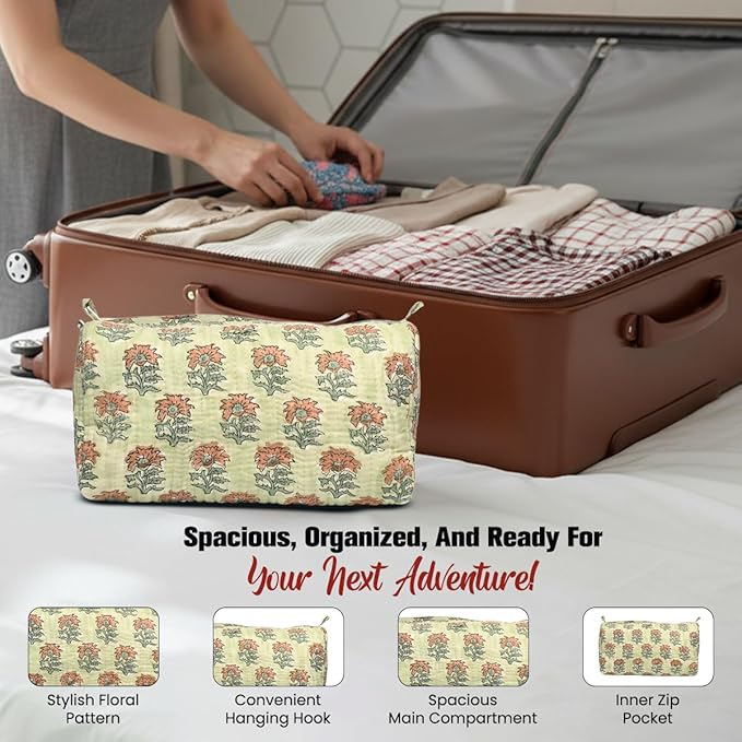 Cotton Hand Block Floral Print Toiletry Bag For Women Make Up Cosmetic Bag Jewelry Organizer Kit Storage Bag Case Travel Accessories Essential Toiletries Purse Open Pouch (Light Green, Set of 1)