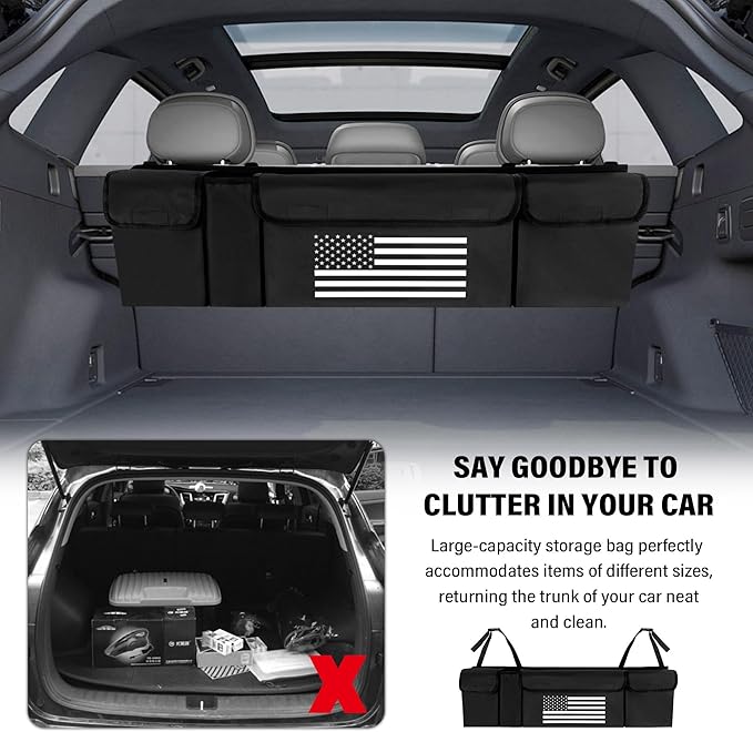 Turcee Car Trunk Organizer,Large Capacity Car Storage Organizer with US Flag Design,Hanging Foldable Car Organizers and Storage Car Interior Accessories (Black)