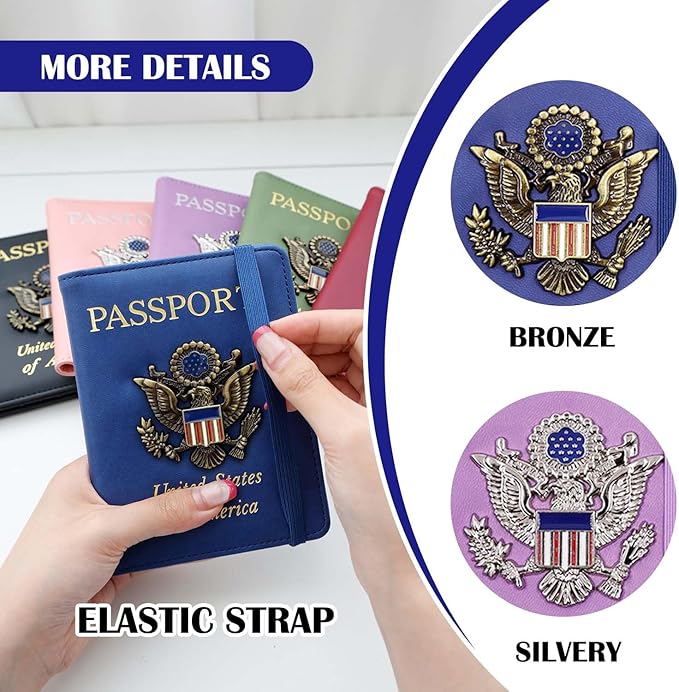 Cnycmy Passport Holder for Travel, Pu Leather Travel Wallet, RFID Blocking, Metal United States Coat of Arms, Waterproof cover for Family (Blue)