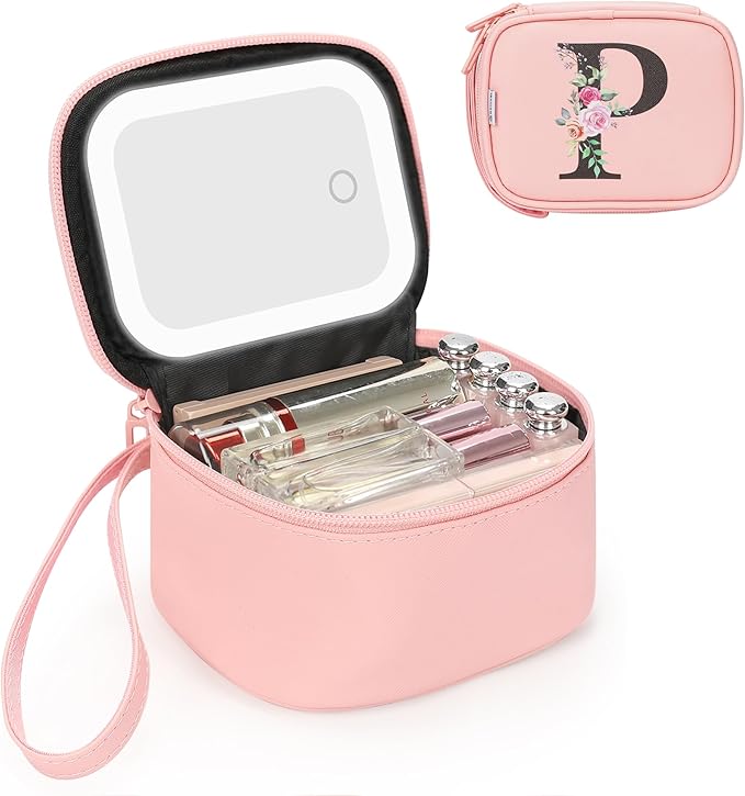 Relavel Mini Makeup Bag with Led Mirror, Initial Make Up Bag, Personalized Travel Cosmetic Pouch with 3 Light Modes, Birthday Gifts for 11 12 13 14 15 16 17 18 Years Old Girl Teen Women - Pink P