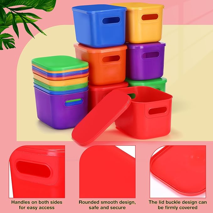 Thyle 24 Pack Colorful Plastic Storage Bins with Lids 7 Quart Vibrant Colored Toy Storage Box Stackable Nestable Organizer Box with Handle and Label for Classroom Shelf Bedroom Desktop School Supplies