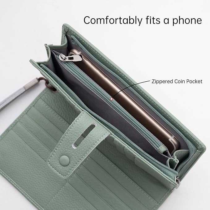 Bveyzi Women's Big Fat Rfid Leather Wristlet Wallet Organizer Large Phone Checkbook Holder with Zipper Pocket (Mint Green)