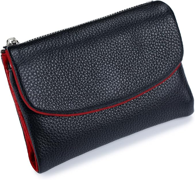Premium Leather Wallet, Black & Red | Multi-Slot Card Holder, ID Window, Zipper Coin Purse, First Layer Leather