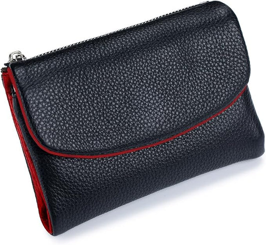 Premium Leather Wallet, Black & Red | Multi-Slot Card Holder, ID Window, Zipper Coin Purse, First Layer Leather