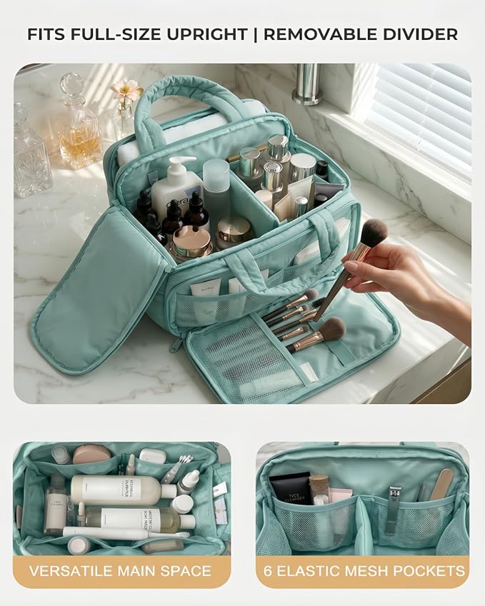 Lightweight Structured Travel Toiletry Bag for Women - Wide-Open Puffer Mini Duffel with Removable Divider, Waterproof Lining, Water-Resistant Exterior, Fits Full-Size Bottles & Shower Essentials
