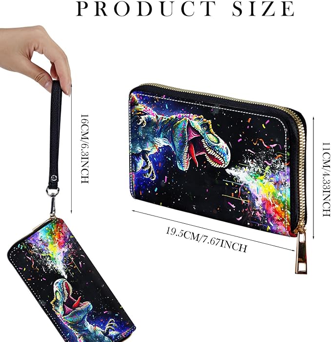 Zip Around Wallets for Women with Detachable Wrist Strap, Large Capacity RFID Blocking Leather Purse Organizer Card Holder Wristlet,Colorful Dinosaur