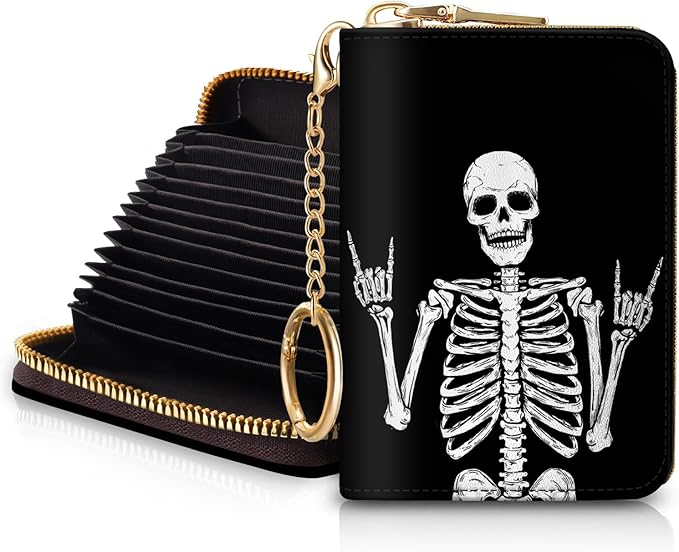 Blusabaca RFID Credit Card Holder Wallets for Women, Small Card Case Wallet with Keychain and Zipper, Skull Skeleton Rock Funny Leather Card Holder Pocket Business Accordion Wallet