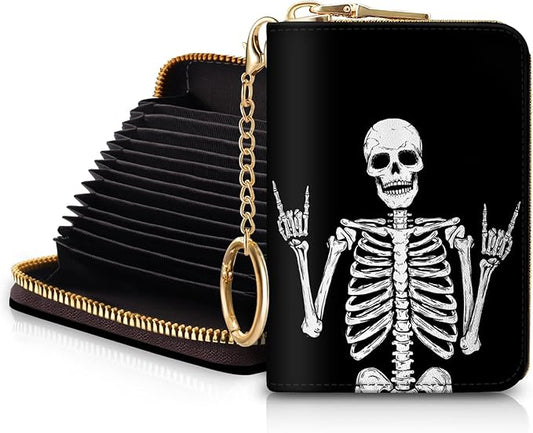 Blusabaca RFID Credit Card Holder Wallets for Women, Small Card Case Wallet with Keychain and Zipper, Skull Skeleton Rock Funny Leather Card Holder Pocket Business Accordion Wallet