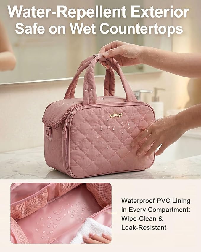 Lightweight Structured Travel Toiletry Bag for Women - Wide-Open Puffer Mini Duffel with Removable Divider, Waterproof Lining, Water-Resistant Exterior, Fits Full-Size Bottles & Shower Essentials