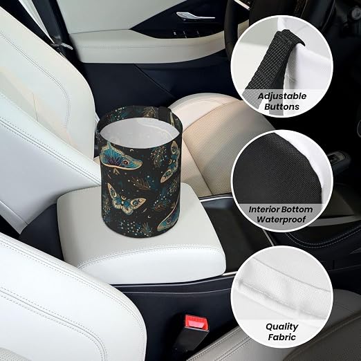 Car Garbage Bag Boho Butterflies Stars Mini Car Trash Bin Portable Collapsible Waterproof Rubbish Bag for Car Accessories Back Front Seat Cup Holder