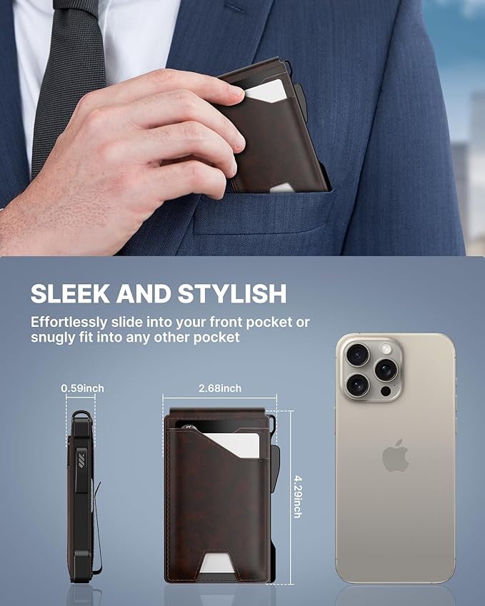 typecase Tactical Wallet for Men Card Holder: Pop Up Card Case, Genuine Leather, Smart, RFID Blocking, Slim, Minimalist, Thin, Front Pocket - 9-13 Card Capacitiy, ID Window, Money Clip (Deep Brown)