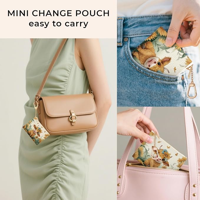 Highland Cow Cattle Keychain Coin Purse for Women, Small PU Leather Change Pouch, Zipper Little Tiny Travel Wallet for Girls, Cute Kawaii Zip Pocket Coin Holder with Key Ring